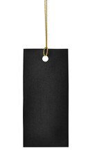 one black price tag with golden string isolated on white background