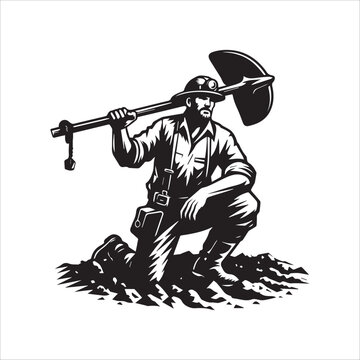 recommend clip art: Coal Miner with Pickaxe and Lunchbox. A stylized black and white vector illustration of a coal miner walking, carrying a pickaxe over his shoulder and a lunchbox in his hand.