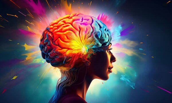 The brain with convolutions in the human head is burning. Concept: brain explosion, mind, intelligence.