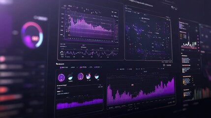 Obraz premium A close-up shot of a computer screen displaying a complex array of data visualizations, including line graphs, bar charts, and pie charts, in shades of purple and blue against a dark background.
