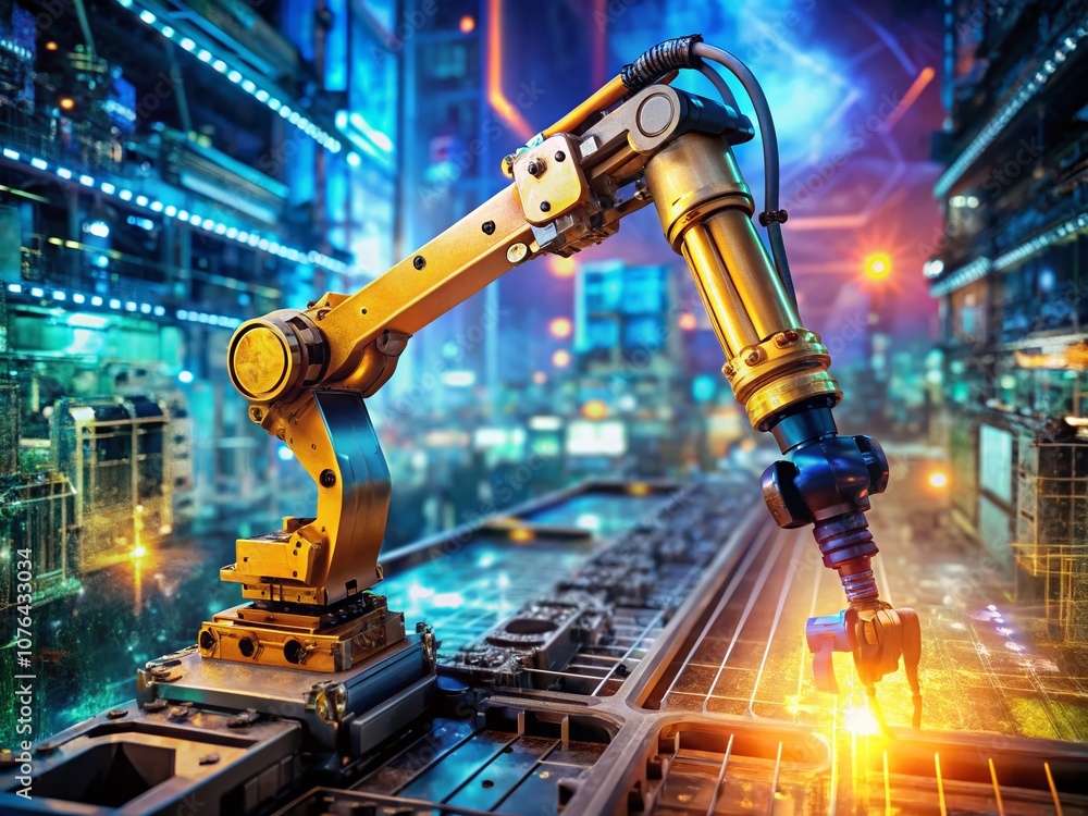 Poster closeup of a robotic arm precisely assembling intricate microelectronics in an innovative double exp