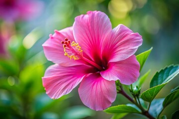 Closeup of a Soft Pink Hibiscus Flower in Full Bloom with a Beautifully Blurred Background Showcasing Nature's Delicate Beauty and Vibrant Colors, Perfect for Fashion Photography