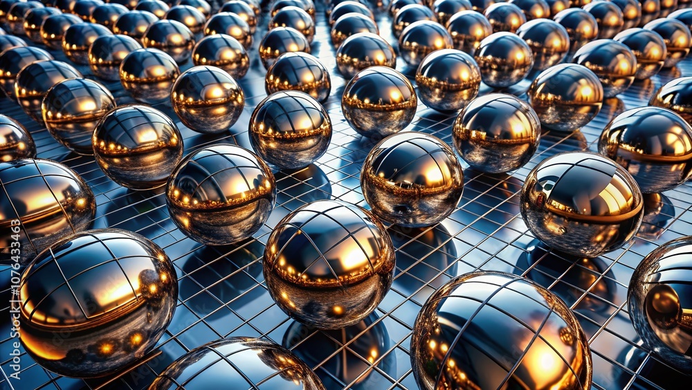 Poster closeup of metallic spheres in a grid pattern for high-tech industrial presentations, ideal for mode