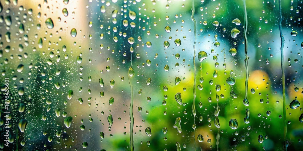 Poster Closeup of Raindrops on a Window Pane Capturing Nature's Patterns During Rainfall and Evoking a Serene Reflective Mood with Copy Space on the Right Side of the Image