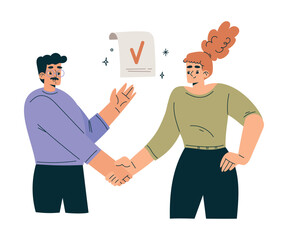 Productive Team with Business Man and Woman Handshake Work Together Vector Illustration