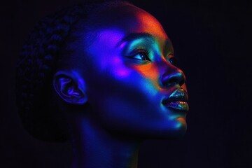 Studio portrait of model showcasing colorful, iridescent makeup and braided hairstyle, illuminated by vibrant neon lights