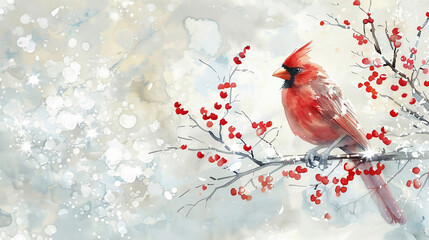 Red cardinal bird on a frosty tree branch with snow red berries in winter, Holiday and Christmas web banner