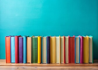 Collection of Colorful Books Standing in a Row Against a Solid Background for Educational and Literary Concepts, Perfect for Bookstore Displays and Reading Promotions