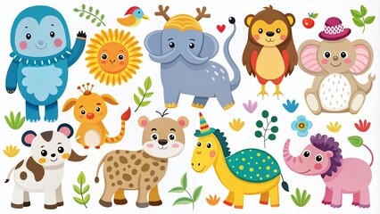 Colorful Clip Art of Various Animals in a Whimsical Style, Perfect for Educational Materials, Children’s Books, and Creative Projects Featuring Playful and Imaginative Designs