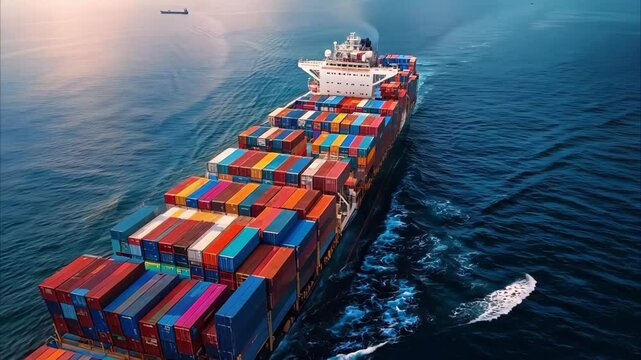 A large container ship navigating through open waters, loaded with colorful shipping containers.