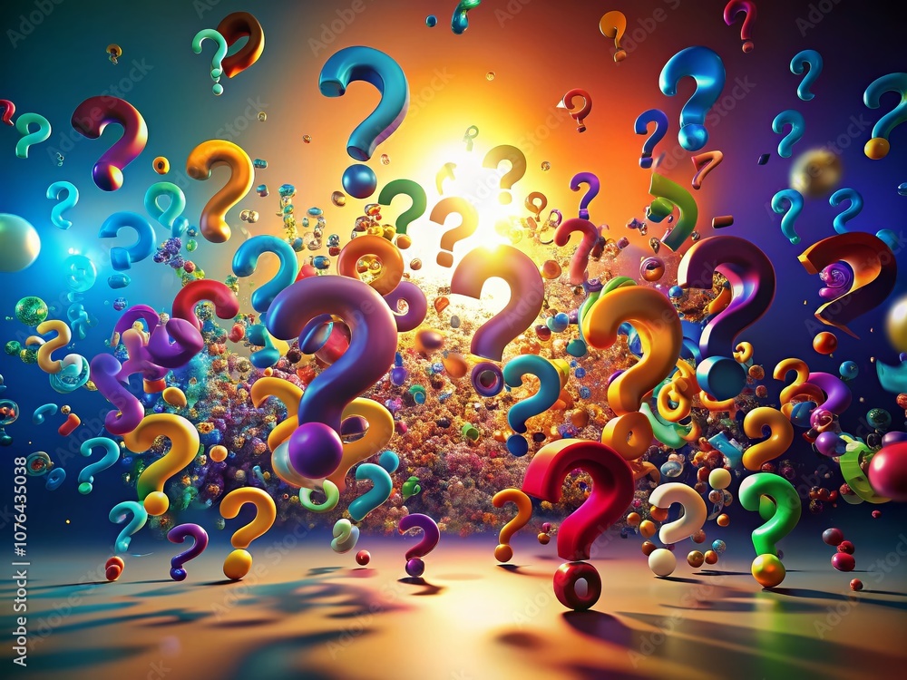 Poster colorful falling question marks in dynamic animation capturing curiosity and inquiry with vibrant pa