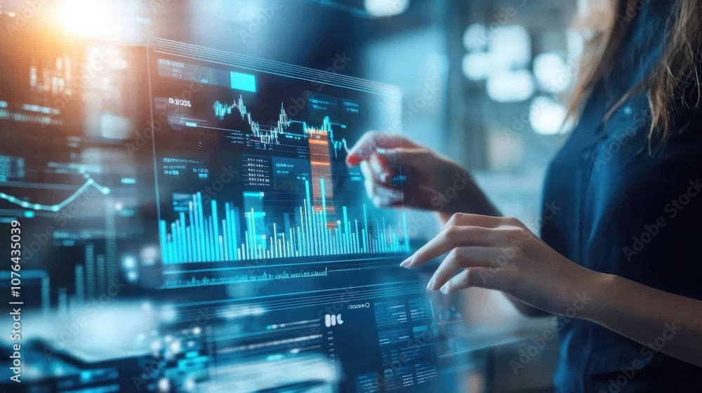 Poster a woman's hand interacts with a large digital display showing charts and graphs, analyzing data and 