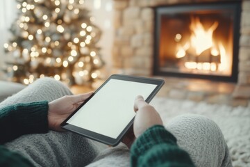Person reading on an tablet device by a cozy fireplace. Generative AI