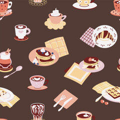 Breakfast hand drawn doodle seamless pattern. Food and drink. Collection of meals: different types of coffee, pancakes, croissant.
