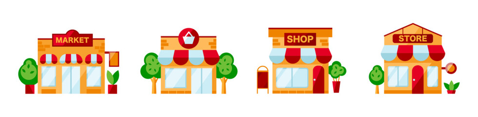 Flat Style Vector Icons of Small Retail Buildings, Market, Shop Exteriors with Trees