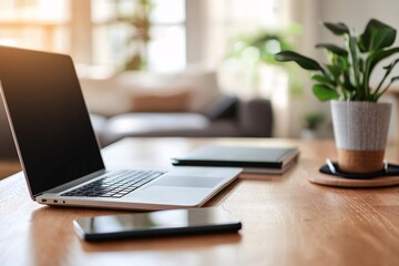 Minimalist Home Office Desk Setup with Laptop, Phone, and Plant