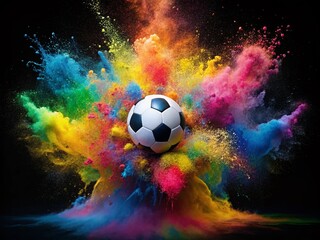 Fototapeta premium Colorful Paint Explosion with Soccer Ball on Black Background - Dynamic and Vibrant Splash of Colors in Surreal Photography for Commercial Use
