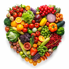 A heart composed of vibrant fruits and vegetables, symbolizing love for healthy living.