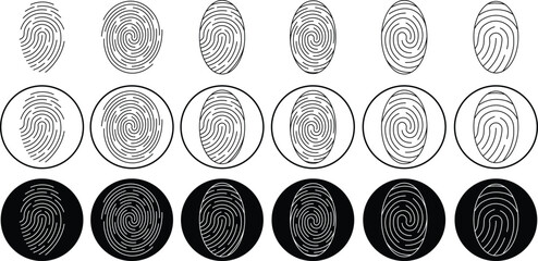 Fingerprint icons set. Personal id identity. Press finger, scan for safety. Unique touch id. Individual fingertip is verification in police. Semi-simplified vectors isolated on transparent background.