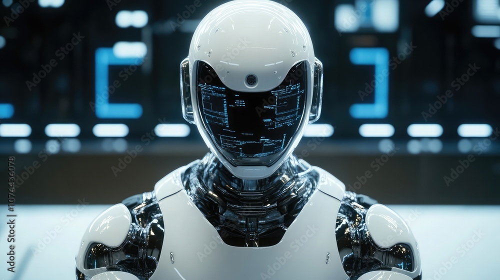 Poster a close-up of a humanoid robot with a white helmet and a visor displaying digital information, stand