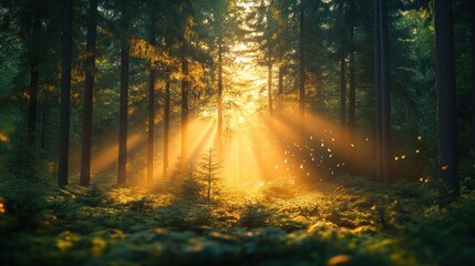 Naklejka premium Sunlight streaming through a serene forest, creating a tranquil atmosphere.