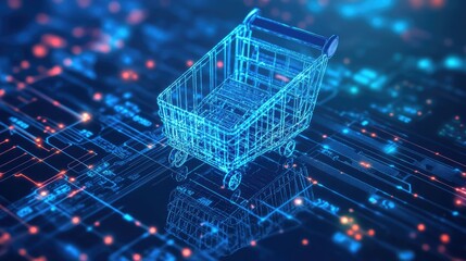 A wireframe shopping cart sits on a digital background, representing the concept of online shopping.