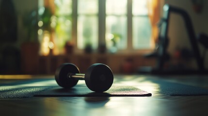 A dumbbell rests on a mat in a sunlit home gym.