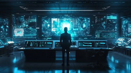 Futuristic Control Room with Leader Overseeing Holographic Workflow Screens