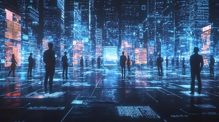 Glowing Avatars Collaborate in Futuristic Digital Workspace