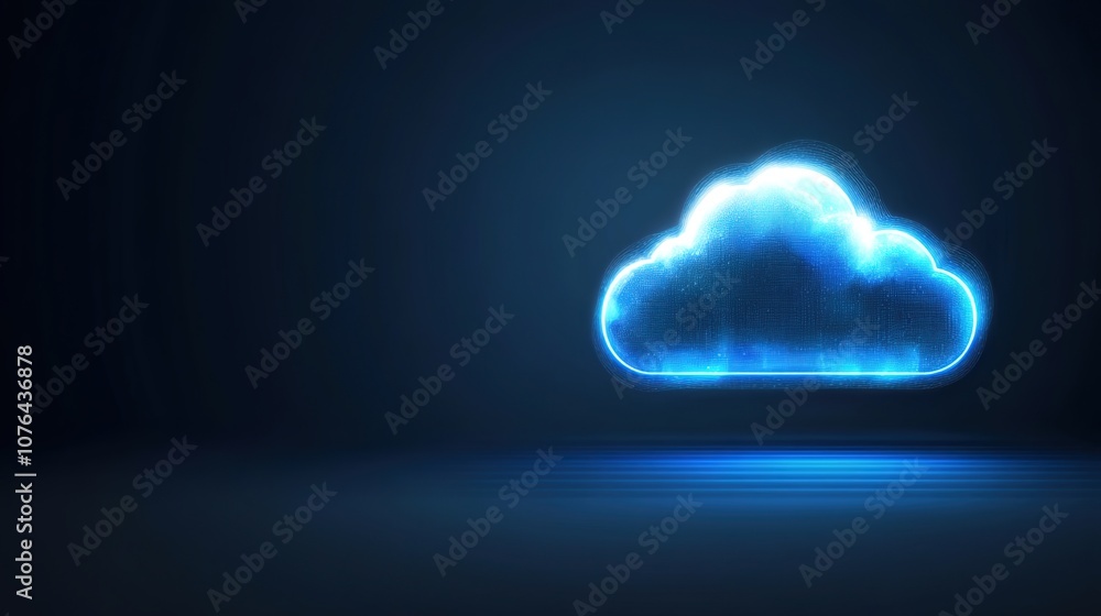 Poster futuristic digital cloud icon in glowing blue illustrating modern technology and cloud computing con
