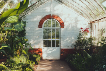 Naklejka premium White Greenhouse with Vibrant Brick Wall and Arched Entrance for Bold Design