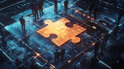 Collaborative Digital Workspace with Glowing Holographic Puzzle Symbolizing Collective Effort