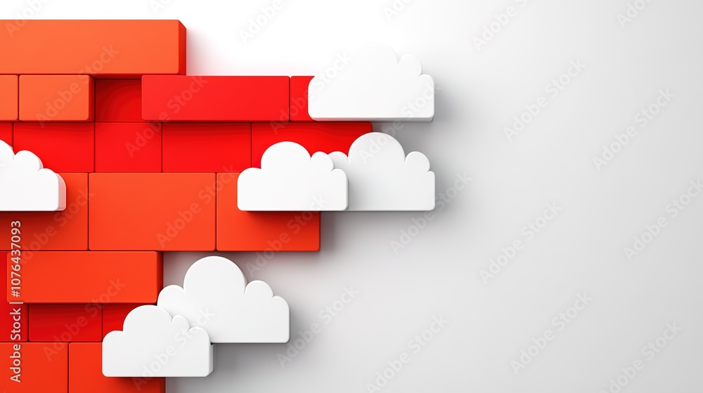 Poster abstract composition featuring colorful red building blocks and playful white clouds against a minim