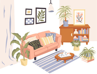 Set of Colorful Room Interiors with Furniture Icons: Living Room. Furniture & Home Decor.