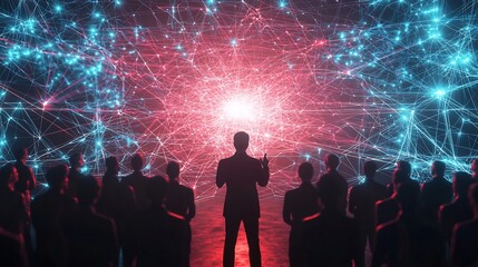 Leader Addressing Connected Team in Glowing Virtual Amphitheater