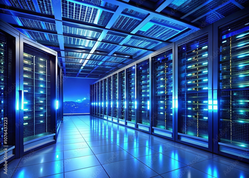 Poster conceptual photography of server racks in a dark blue computer network security room with 3d render 
