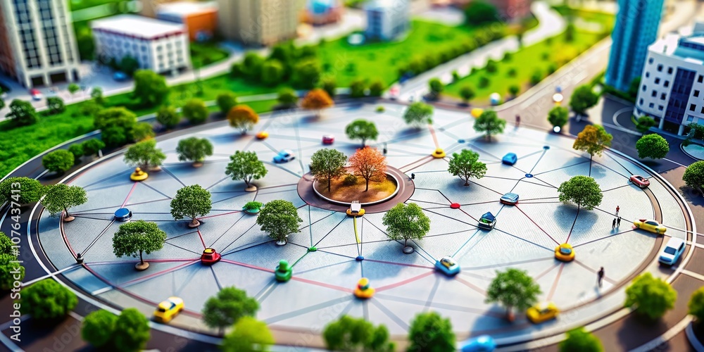 Aufkleber connected circles and lines design in tilt-shift photography style on white background for modern il