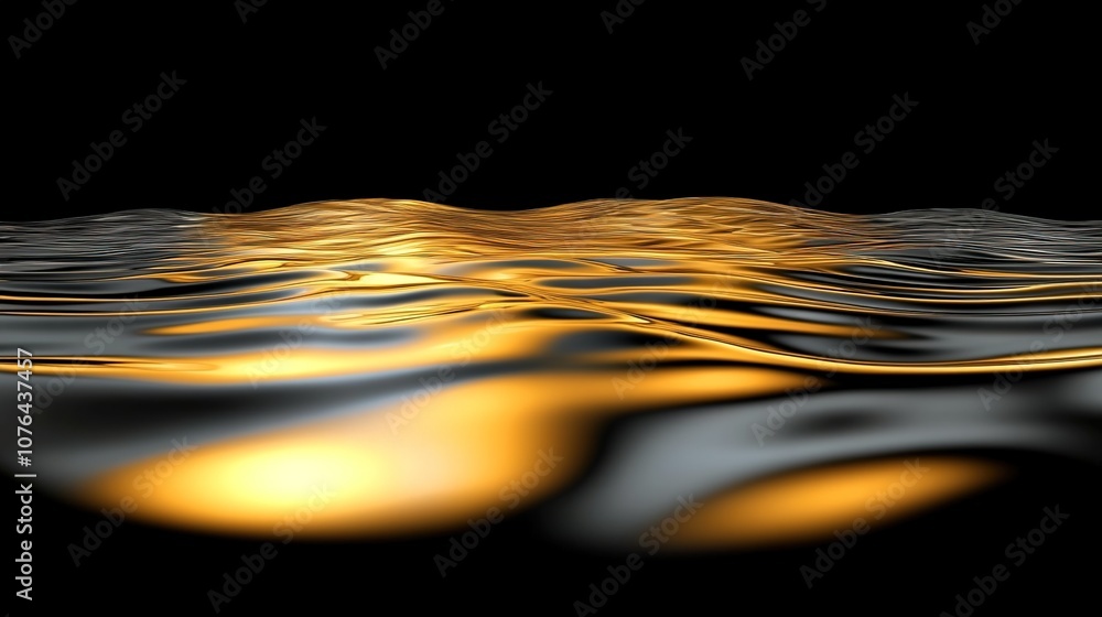 Poster stunning waves of golden light reflecting on a smooth black surface, creating a serene and captivati