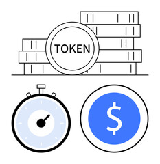 Stacked tokens labeled TOKEN stopwatch with partial blue and coin with dollar sign. Ideal for cryptocurrency, investment, timing, digital currency, finance, trading, and blockchain concepts. Line