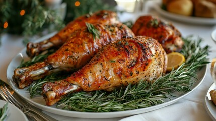 delicious roasted turkey legs with fresh herbs on a white plate