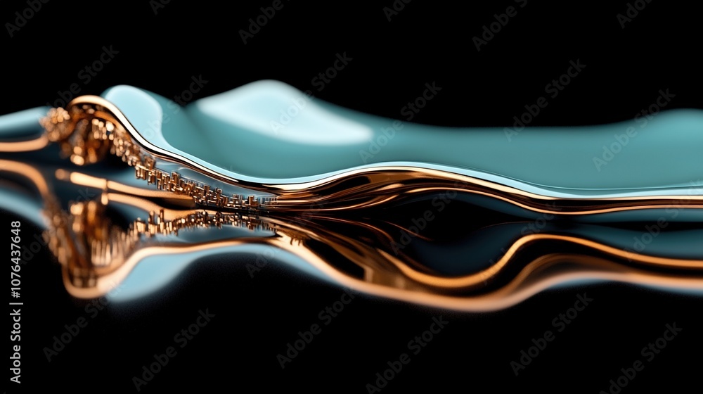 Poster abstract digital art rendering with fluid wave shapes in turquoise and gold tones, emphasizing elega