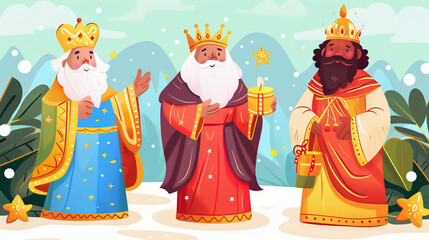 The Three wise men from the Bible travelling and following a bright star, Christmas nativity, 3 kings day holiday