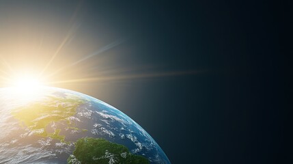 Beautiful view of Earth from space capturing the bright sun rising on the horizon, showcasing the planet's vibrant colors and natural beauty against the dark cosmos