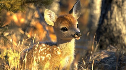 Fototapeta premium A Fawn with White Spots in a Forest Clearing
