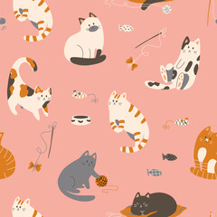 Cute seamless pattern with cats in doodle style. Hand drawn vector illustration.
