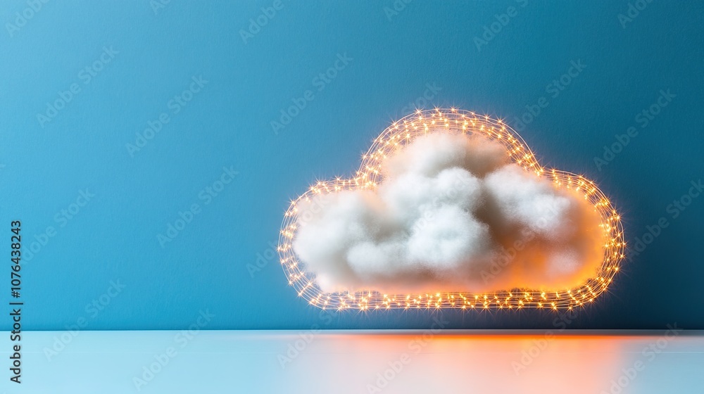 Poster creative cloud concept with fluffy white clouds and glow effect representing digital storage and int