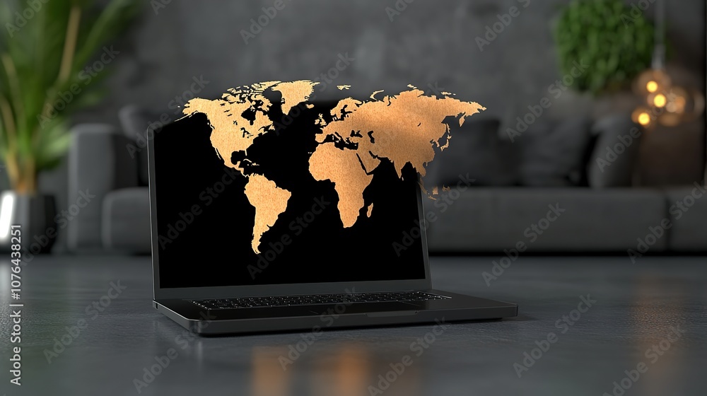 Poster digital global connectivity concept with world map on laptop screen representing online communicatio