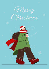 Christmas greeting card with cozy winter girl holding coffee in festive colors. Snowflakes and blue background with Merry Christmas text. Winter holiday illustration