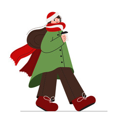 Flat style illustration of a young woman in a red hat and scarf holding a hot coffee cup. Festive colors, isolated background. Perfect for winter and Christmas themes vector illustration
