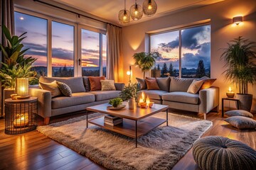 Cozy Evening in a Modern Living Room with Soft Lighting, Plush Textures, and a Warm Atmosphere Perfect for Relaxation and Leisure Time with Friends or Family
